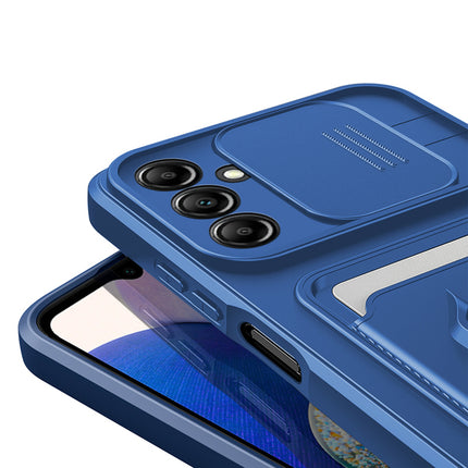 Kapa Bisen Back Cover for Samsung Galaxy A35 (5G) | Inbuilt Camera Slider Ring Stand and Card Pocket Shockproof Slim Bumper Back Case (Blue)