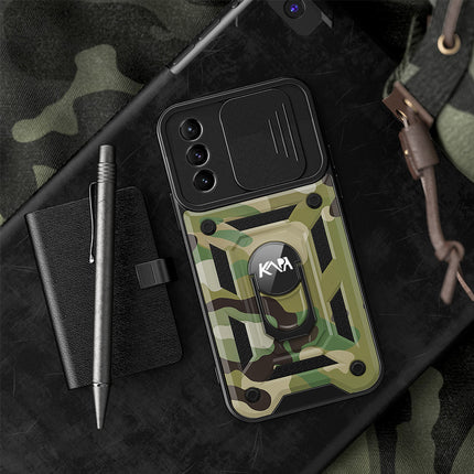Kapa Tank Back Cover for Samsung Galaxy S24 Ultra | Inbuilt Ring + Slider Shockproof Lens Protection Bumper Back Case (Green)