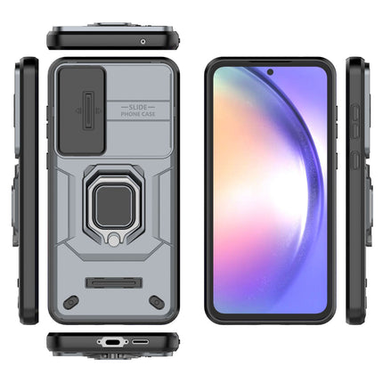 Kapa Armor Slider Back Cover for Samsung Galaxy A55 (5G) | Inbuilt Ring + Camera Slider Shockproof Lens Protection Bumper Back Case (Grey)
