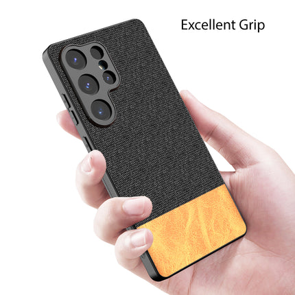 Kapa Soft Fabric & Leather Hybrid Protective Back Cover for Samsung Galaxy S25 Ultra | Shockproof Slim Hard Anti Slip Back Case (Black,Brown)