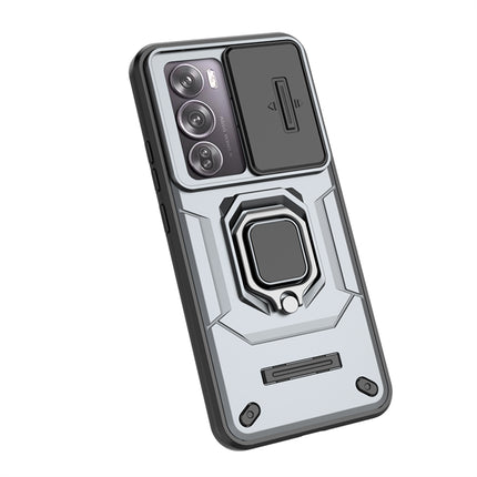 Kapa Armor Slider Back Cover for Oppo Reno 12 Pro (5G) | Inbuilt Ring + Camera Slider Shockproof Lens Protection Bumper Back Case (Grey)
