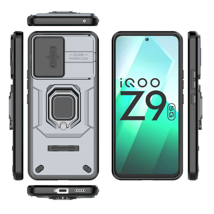 Kapa Armor Slider Back Cover for Iqoo Z9 | Inbuilt Ring + Camera Slider Shockproof Lens Protection Bumper Back Case (Grey)