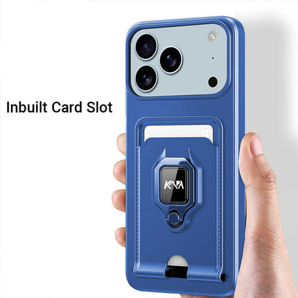 Kapa Bisen Back Cover for Apple iPhone 17 Pro | Inbuilt Camera Slider Ring Stand and Card Pocket Shockproof Slim Bumper Back Case (Blue)