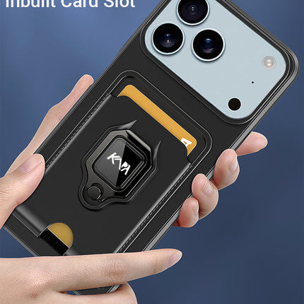 Kapa Bisen Back Cover for Apple iPhone 17 Pro | Inbuilt Camera Slider Ring Stand and Card Pocket Shockproof Slim Bumper Back Case (Black) - Mobizang