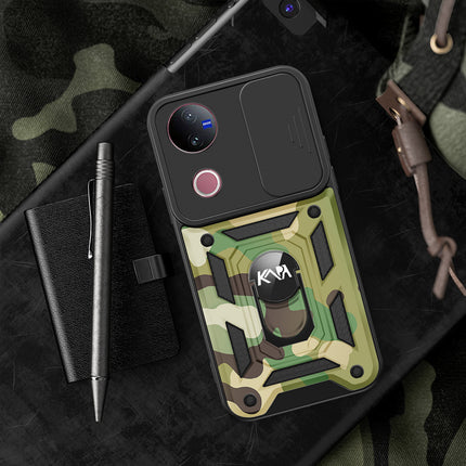 Kapa Tank Back Cover for Vivo V50 / V50E 5G | Inbuilt Ring + Slider Shockproof Lens Protection Bumper Back Case (Green)