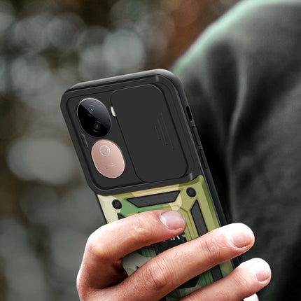 Kapa Tank Back Cover for Vivo V40E / IQOO Z9S | Inbuilt Ring + Slider Shockproof Lens Protection Bumper Back Case (Green)