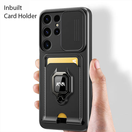 Kapa Bisen Back Cover for Samsung Galaxy S25 Ultra | Inbuilt Camera Slider Ring Stand and Card Pocket Shockproof Slim Bumper Back Case (Black) - Mobizang