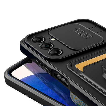 Kapa Bisen Back Cover for Samsung Galaxy A35 (5G) | Inbuilt Camera Slider Ring Stand and Card Pocket Shockproof Slim Bumper Back Case (Black) - Mobizang