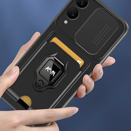Kapa Bisen Back Cover for Samsung Galaxy S25 Edge | Inbuilt Camera Slider Ring Stand and Card Pocket Shockproof Slim Bumper Back Case (Black)