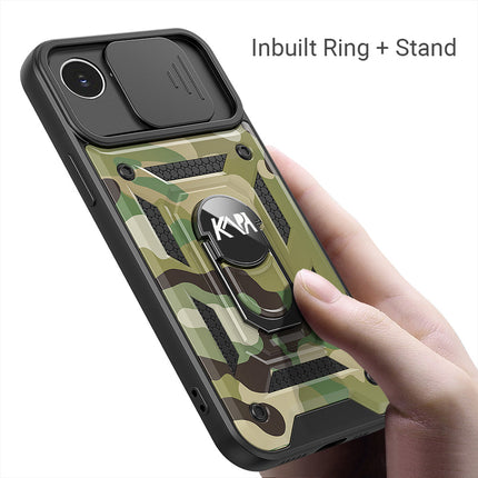 Kapa Tank Back Cover for Apple iPhone 16E | Inbuilt Ring + Slider Shockproof Lens Protection Bumper Back Case (Green) - Mobizang