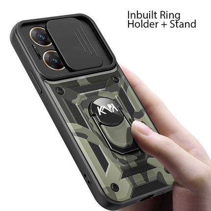 Kapa Tank Back Cover for Vivo V29E (5G) | Inbuilt Ring + Slider Shockproof Lens Protection Bumper Back Case (Black) - Mobizang