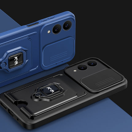 Kapa Bisen Back Cover for Samsung Galaxy S25 Edge | Inbuilt Camera Slider Ring Stand and Card Pocket Shockproof Slim Bumper Back Case (Blue)