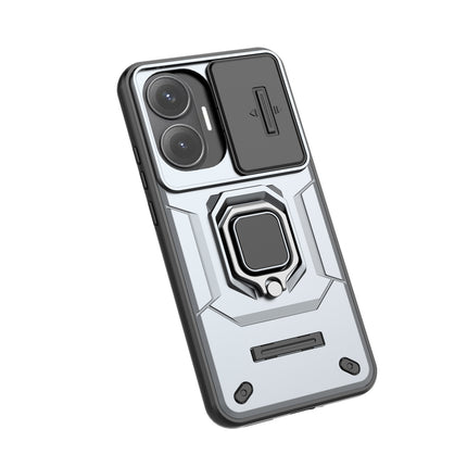 Kapa Armor Slider Back Cover for Poco F7 5G | Inbuilt Ring + Camera Slider Shockproof Lens Protection Bumper Back Case (Grey)