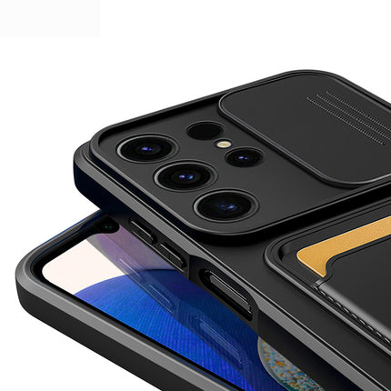 Kapa Bisen Back Cover for Samsung Galaxy S25 Ultra | Inbuilt Camera Slider Ring Stand and Card Pocket Shockproof Slim Bumper Back Case (Black) - Mobizang