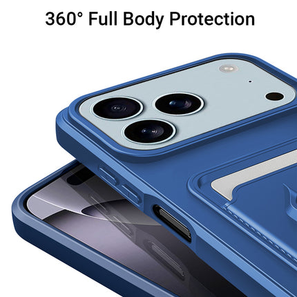 Kapa Bisen Back Cover for Apple iPhone 17 Pro | Inbuilt Camera Slider Ring Stand and Card Pocket Shockproof Slim Bumper Back Case (Blue)