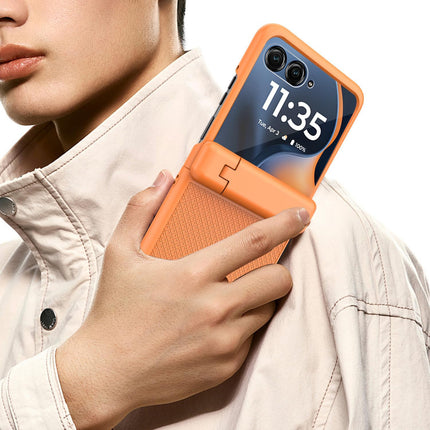 Kapa Textured Grip with Stand Hinge Protection Back Cover for Moto Razr 50 Ultra | with [Inbuilt Glass] Full Body Shockproof Hard Back Case (Orange)