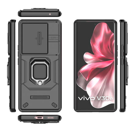 Kapa Armor Slider Back Cover for Vivo V30E (5G) | Inbuilt Ring + Camera Slider Shockproof Lens Protection Bumper Back Case (Black)