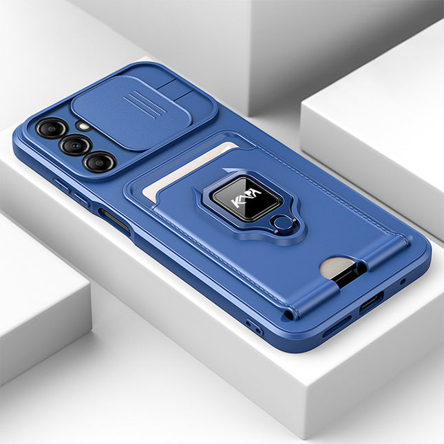 Kapa Bisen Back Cover for Samsung Galaxy A56 | Inbuilt Camera Slider Ring Stand and Card Pocket Shockproof Slim Bumper Back Case (Blue)
