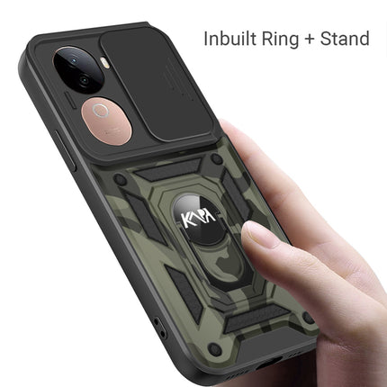 Kapa Tank Back Cover for Vivo V40E / IQOO Z9S | Inbuilt Ring + Slider Shockproof Lens Protection Bumper Back Case (Black)