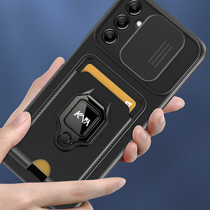 Kapa Bisen Back Cover for Samsung Galaxy A25 (5G) | Inbuilt Camera Slider Ring Stand and Card Pocket Shockproof Slim Bumper Back Case (Black)