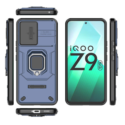 Kapa Armor Slider Back Cover for Iqoo Z9 | Inbuilt Ring + Camera Slider Shockproof Lens Protection Bumper Back Case (Blue)