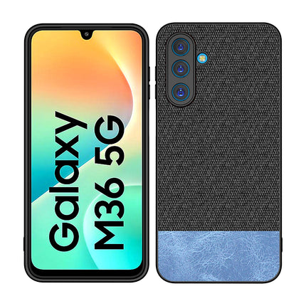 Kapa Soft Fabric & Leather Hybrid Protective Back Cover for Samsung Galaxy M36 / F36 5G | Shockproof Slim Hard Anti Slip Back Case (Black,Blue) - Mobizang
