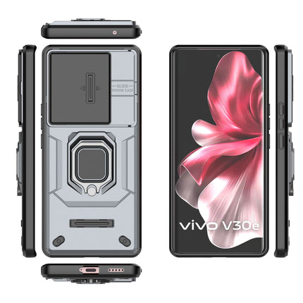 Kapa Armor Slider Back Cover for Vivo V30E (5G) | Inbuilt Ring + Camera Slider Shockproof Lens Protection Bumper Back Case (Grey)