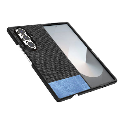 Kapa Soft Fabric & Leather Hybrid Protective Back Cover for Samsung Galaxy Z Fold 7 | Shockproof Slim Hard Anti Slip Back Case (Black,Blue) - Mobizang