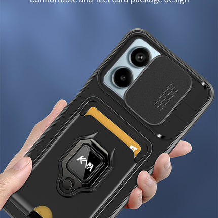 Kapa Bisen Back Cover for Redmi Note 13 Pro (5G) | Inbuilt Camera Slider Ring Stand and Card Pocket Shockproof Slim Bumper Back Case (Black)
