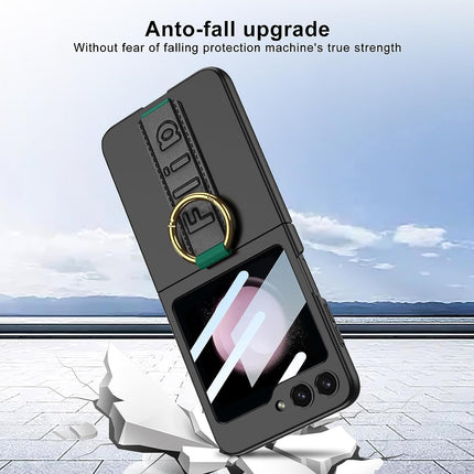 Kapa Shockproof Band Protective Back Cover for Flip6 / Z Flip 6 | Wrist Strap Ring Kickstand Inbuilt Screen Tempered Glass Case (Black)