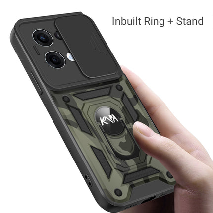Kapa Tank Back Cover for Oppo Reno 13 5G | Inbuilt Ring + Slider Shockproof Lens Protection Bumper Back Case (Black) - Mobizang