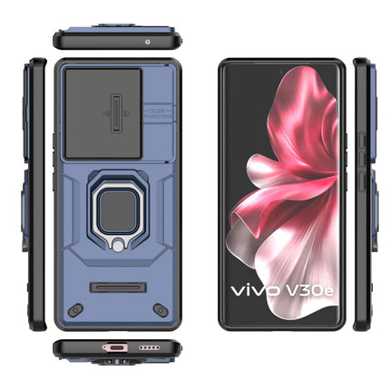Kapa Armor Slider Back Cover for Vivo V30E (5G) | Inbuilt Ring + Camera Slider Shockproof Lens Protection Bumper Back Case (Blue)