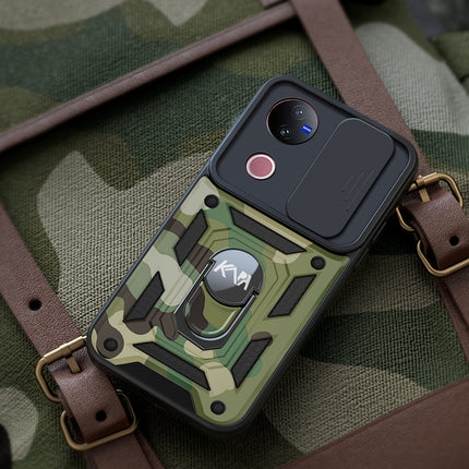 Kapa Tank Back Cover for Vivo V50 / V50E 5G | Inbuilt Ring + Slider Shockproof Lens Protection Bumper Back Case (Green)