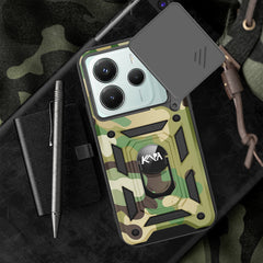 Kapa Tank Back Cover for Redmi Note 14 (5G) | Inbuilt Ring + Slider Shockproof Lens Protection Bumper Back Case (Green) - Mobizang