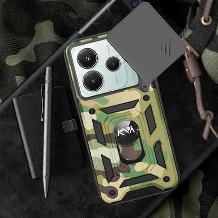 Kapa Tank Back Cover for Redmi Note 14 (5G) | Inbuilt Ring + Slider Shockproof Lens Protection Bumper Back Case (Green) - Mobizang