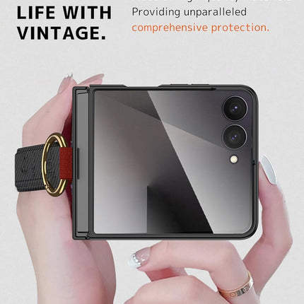 Kapa Shockproof Band Protective Back Cover for Flip7 / Z Flip 7 | Wrist Strap Ring Kickstand Inbuilt Screen Tempered Glass Case (Black)