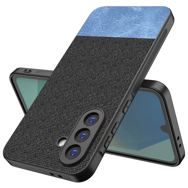 Kapa Soft Fabric & Leather Hybrid Protective Back Cover for Samsung Galaxy M16 | Shockproof Slim Hard Anti Slip Back Case (Black,Blue)