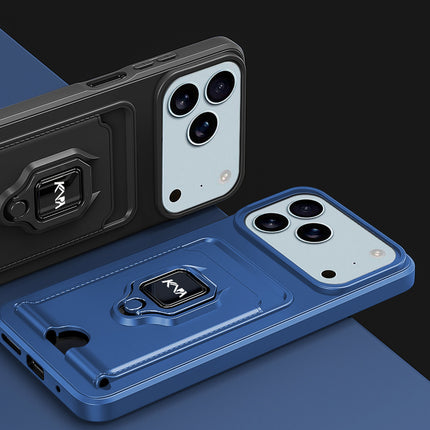 Kapa Bisen Back Cover for Apple iPhone 17 Pro | Inbuilt Camera Slider Ring Stand and Card Pocket Shockproof Slim Bumper Back Case (Blue)