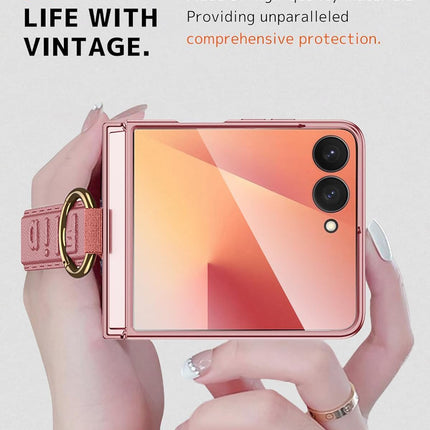 Kapa Shockproof Band Protective Back Cover for Flip7 / Z Flip 7 | Wrist Strap Ring Kickstand Inbuilt Screen Tempered Glass Case (Pink)