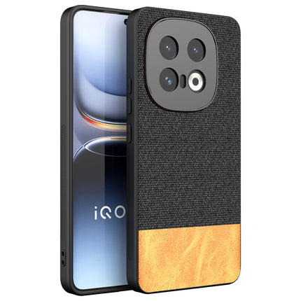 Kapa Soft Fabric & Leather Hybrid Protective Back Cover for Iqoo 13 (5G) | Shockproof Slim Hard Anti Slip Back Case (Black,Brown)