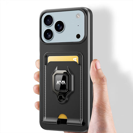 Kapa Bisen Back Cover for Apple iPhone 17 Pro Max | Inbuilt Camera Slider Ring Stand and Card Pocket Shockproof Slim Bumper Back Case (Black) - Mobizang