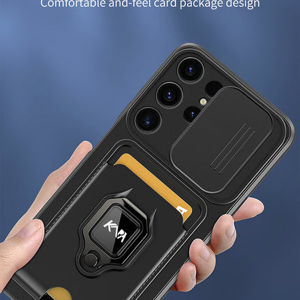 Kapa Bisen Back Cover for Samsung Galaxy S25 Ultra | Inbuilt Camera Slider Ring Stand and Card Pocket Shockproof Slim Bumper Back Case (Black) - Mobizang