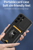 Kapa Bisen Back Cover for Samsung Galaxy S25 Ultra | Inbuilt Camera Slider Ring Stand and Card Pocket Shockproof Slim Bumper Back Case (Black) - Mobizang