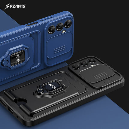 Kapa Bisen Back Cover for Samsung Galaxy A15 (5G) | Inbuilt Camera Slider Ring Stand and Card Pocket Shockproof Slim Bumper Back Case (Black)