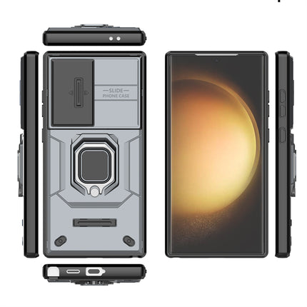 Kapa Armor Slider Back Cover for Samsung Galaxy S24 Ultra | Inbuilt Ring + Camera Slider Shockproof Lens Protection Bumper Back Case (Grey) - Mobizang