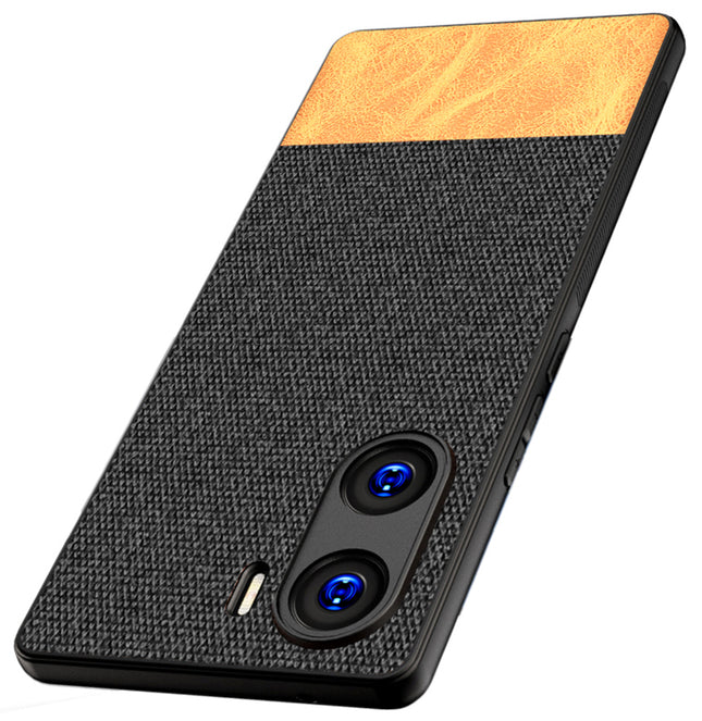 Kapa Soft Fabric & Leather Hybrid Protective Back Cover for Vivo V29E | Shockproof Slim Hard Anti Slip Back Case (Black::Brown)