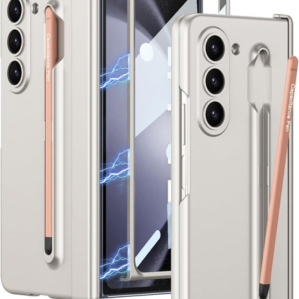 Kapa Contrast Magnetic Hinge Case for Samsung Galaxy Z Fold 5 | Inbuilt S-Pen Holder Stand Hybrid Back Cover (Cream with Orange Pen) - Mobizang