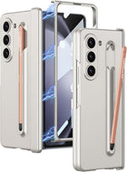 Kapa Contrast Magnetic Hinge Case for Samsung Galaxy Z Fold 5 | Inbuilt S-Pen Holder Stand Hybrid Back Cover (Cream with Orange Pen) - Mobizang
