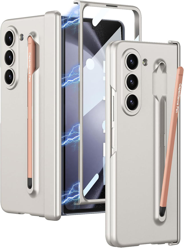 Kapa Contrast Magnetic Hinge Case for Samsung Galaxy Z Fold 5 | Inbuilt S-Pen Holder Stand Hybrid Back Cover (Cream with Orange Pen) - Mobizang