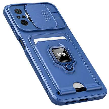 Kapa Bisen Back Cover for Redmi Note 10 Pro / Note 10 Pro Max , Inbuilt Camera Slider Ring Stand and Card Pocket Shockproof Slim Bumper Back Case (Blue) - Mobizang